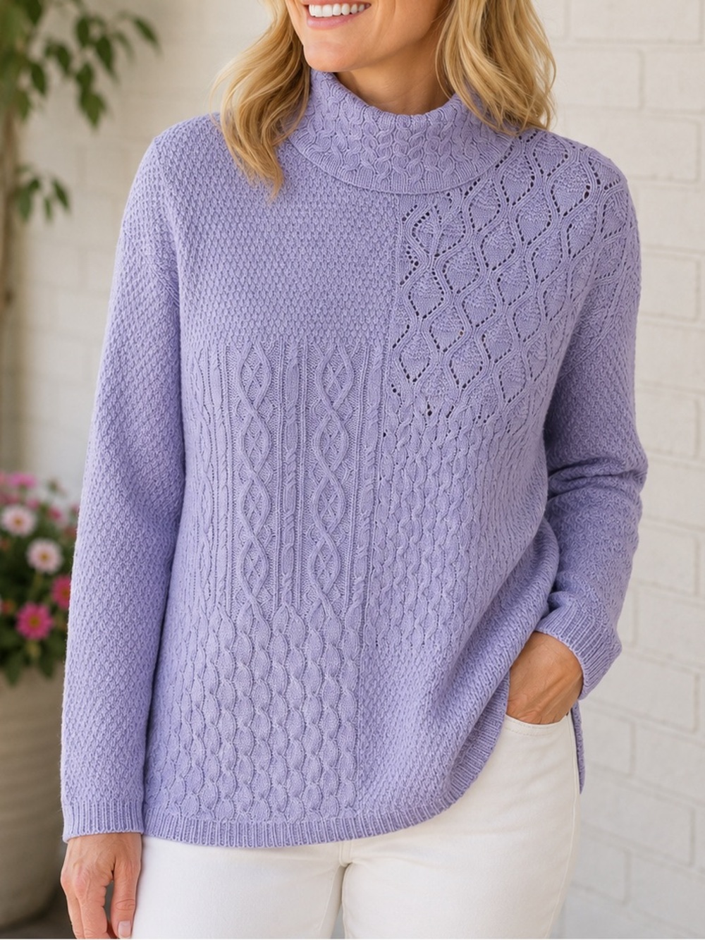100% Cotton Northern Reflections Cable Knit Patchwork Sweater Size L Lavender